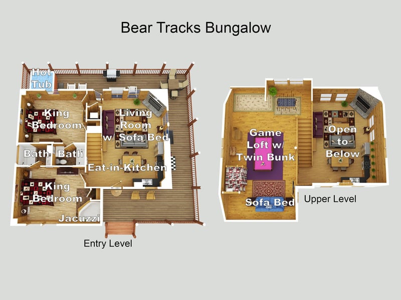 Complete floor plan showing your spacious bungalow with king bedrooms, hot tub, game loft, and open kitchen layout.