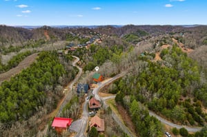 Aerial view of a peaceful wooded neighborhood with scattered homes nestled among rolling hills and forest.