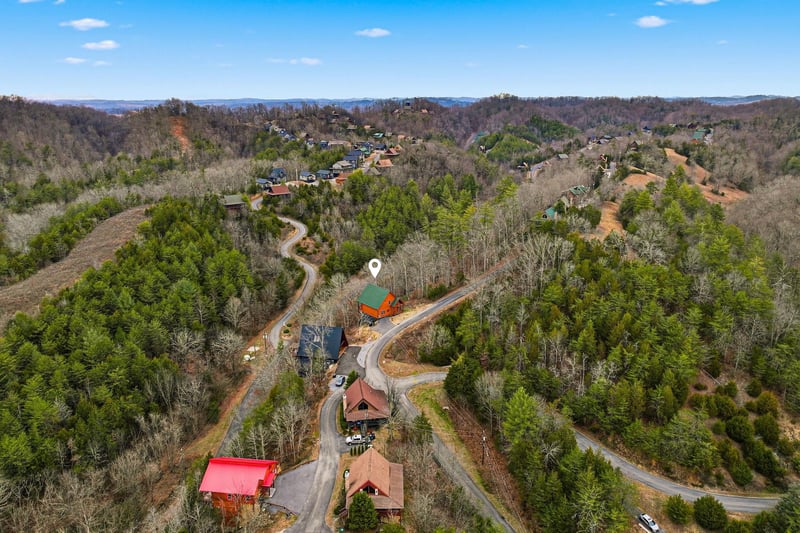 Aerial view of a peaceful wooded neighborhood with scattered homes nestled among rolling hills and forest.