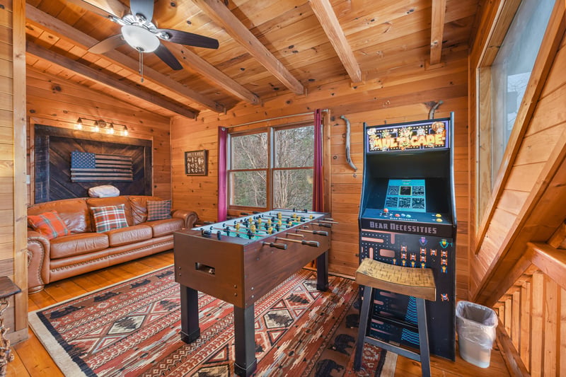 Foosball table and arcade game with stool