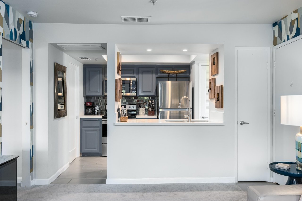 Stainless steel appliances and cooking essentials.