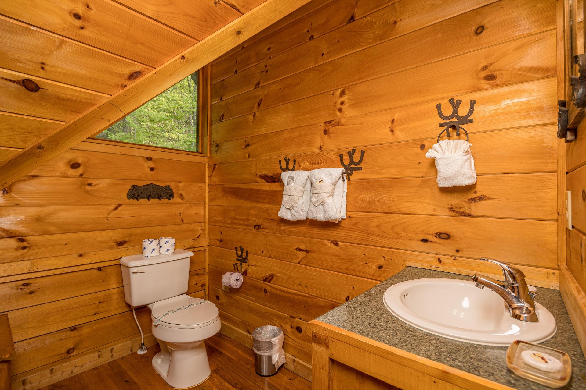 Single vanity sink and toilet with sloped wall
