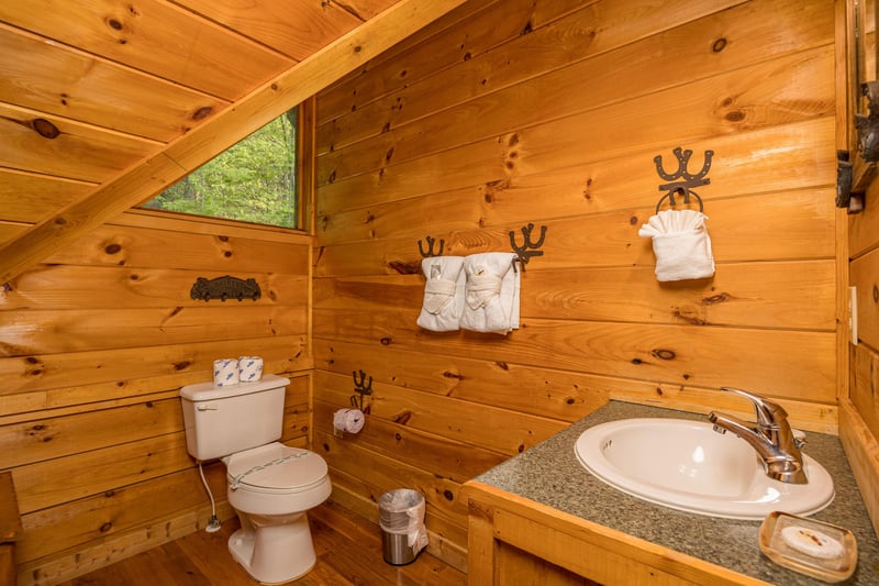 Single vanity sink and toilet with sloped wall