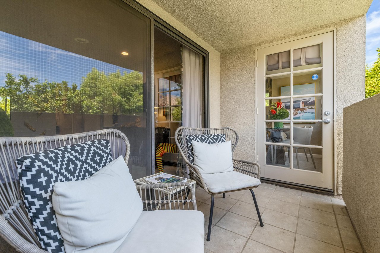 Can be accessed either from the living roomdining area or the primary bedroom.