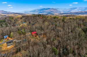 Aerial view showcasing mountain cabins nestled in forested landscape with stunning Blue Ridge Mountain backdrop.