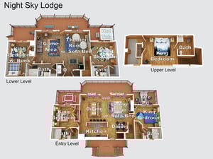 Detailed floor plan of Night Sky Lodge showcasing multiple bedrooms, bathrooms, and entertainment spaces across three levels.