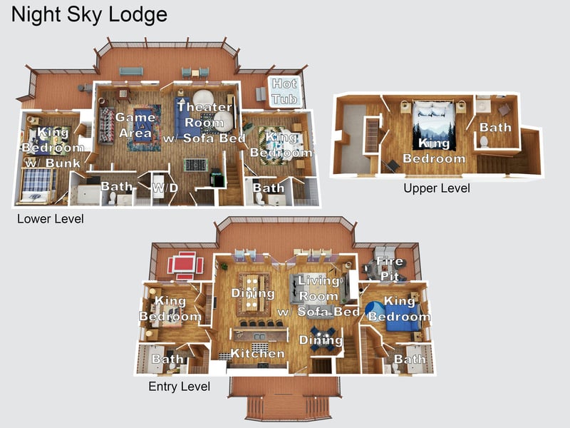 Detailed floor plan of Night Sky Lodge showcasing multiple bedrooms, bathrooms, and entertainment spaces across three levels.