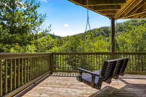 Covered deck overlooks rolling wooded hills from the propertys natural surroundings, with a cozy porch swing for taking in the scenic landscape views.