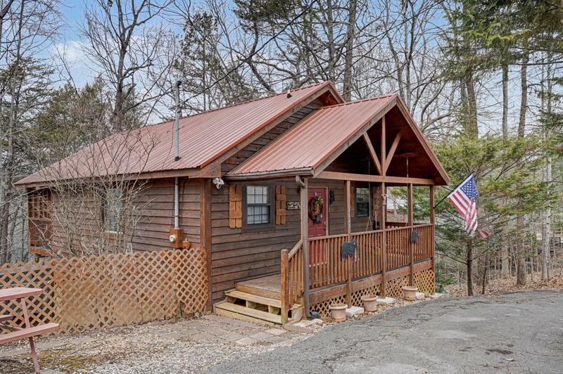 Charming log cabin nestled among towering trees with a welcoming covered porch and rustic charm.