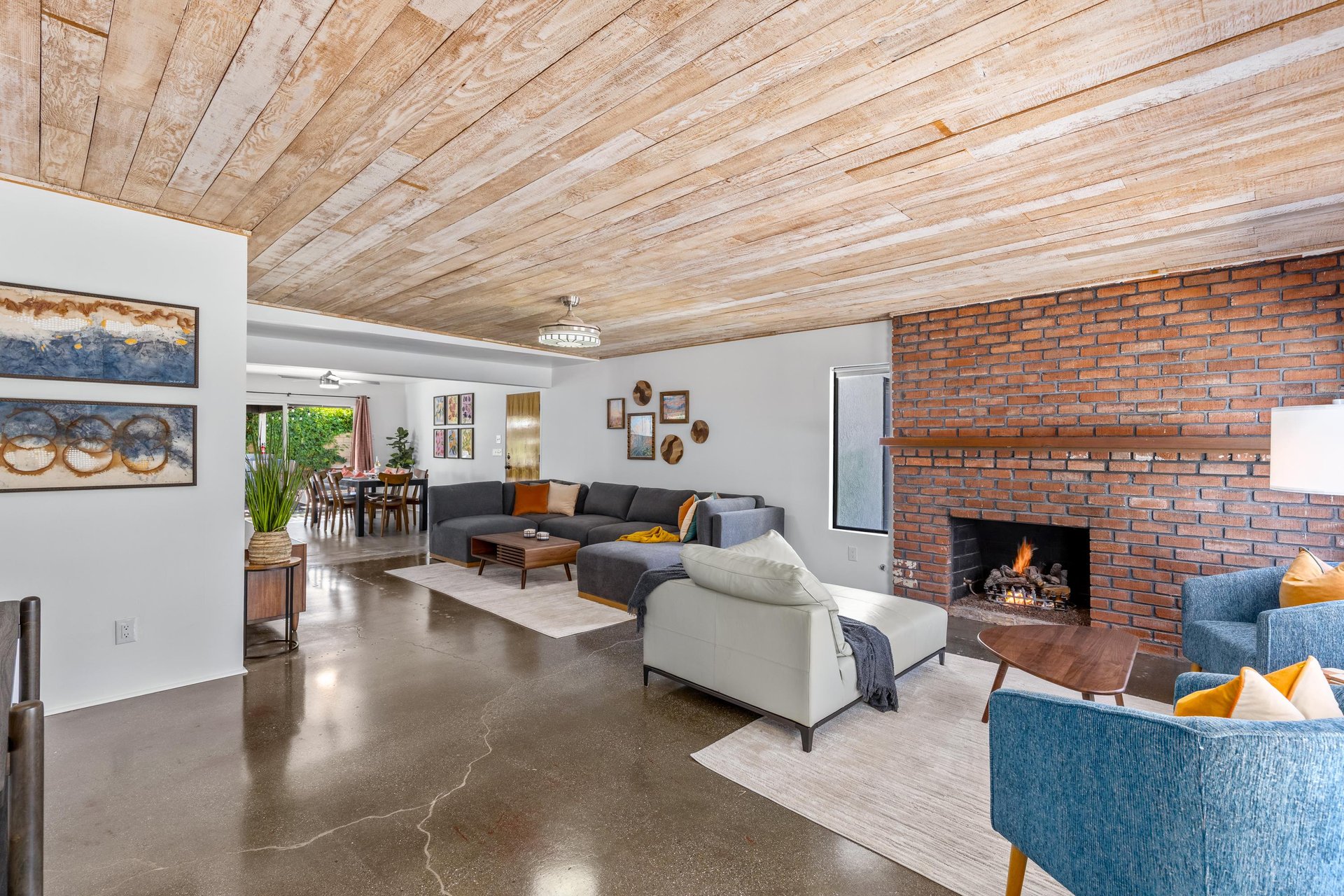 Designer interior with beautiful fireplace