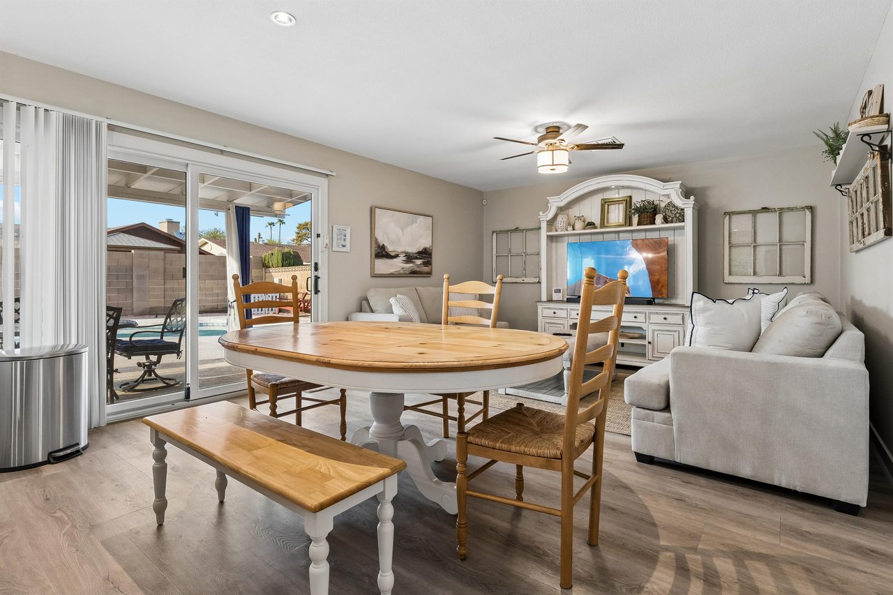 Dining table with bench and chairs.