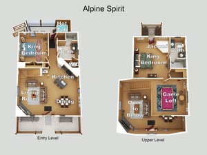 Alpine Spirit floor plan shows twolevel layout with king bedrooms, full baths, hot tub, jacuzzi, game loft, and open living spaces with kitchen and dining areas.