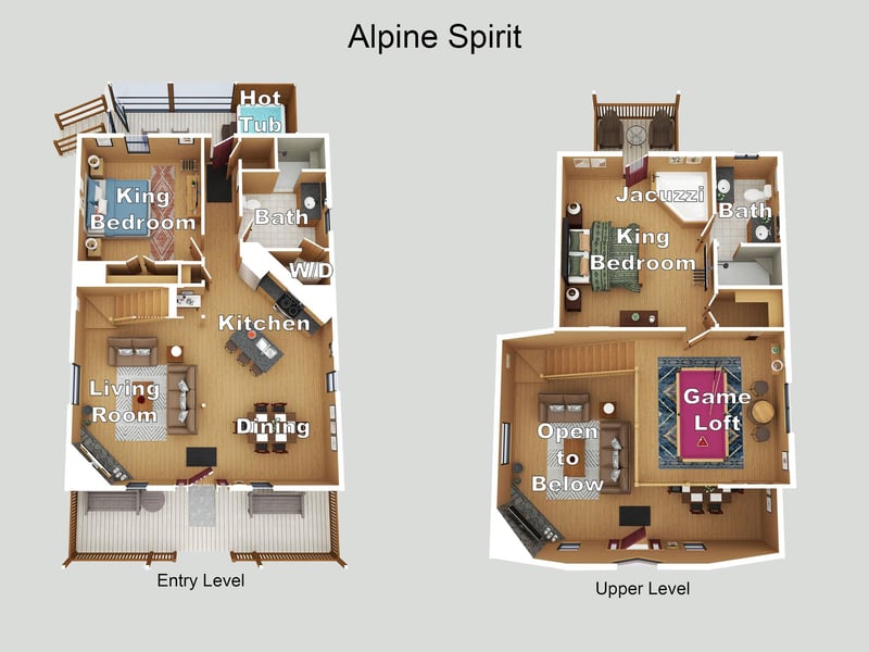 Alpine Spirit floor plan shows twolevel layout with king bedrooms, full baths, hot tub, jacuzzi, game loft, and open living spaces with kitchen and dining areas.