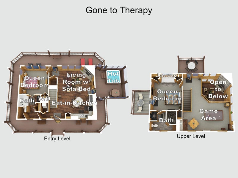 A detailed twolevel floor plan showing the full layout of your retreat, including queen bedrooms, living spaces, hot tub, game area, and jacuzzi.