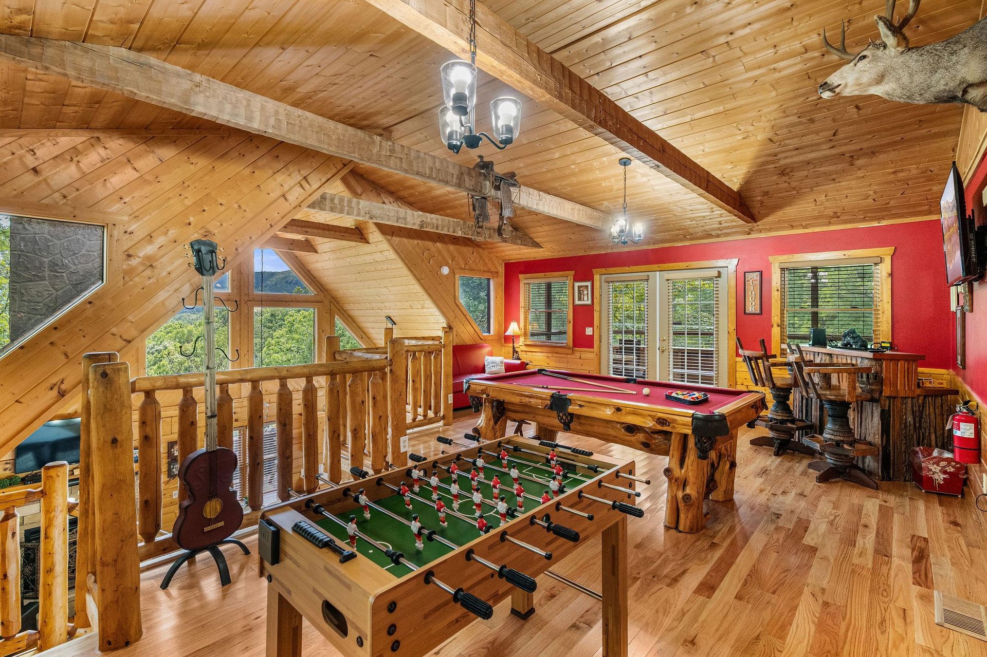 pool table, foosball and view