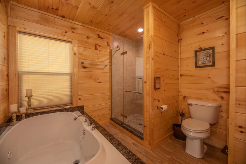 Jacuzzi tub and walk in shower with divider wall to toilet