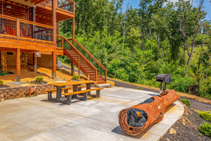 Picnic table with log seat and grill