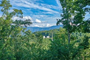 Mountain view framed by trees at Bushwood Lodge, a 3bedroom cabin rental located in Gatlinburg