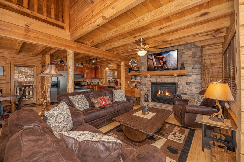 Living room with sofa bed and stone fireplace