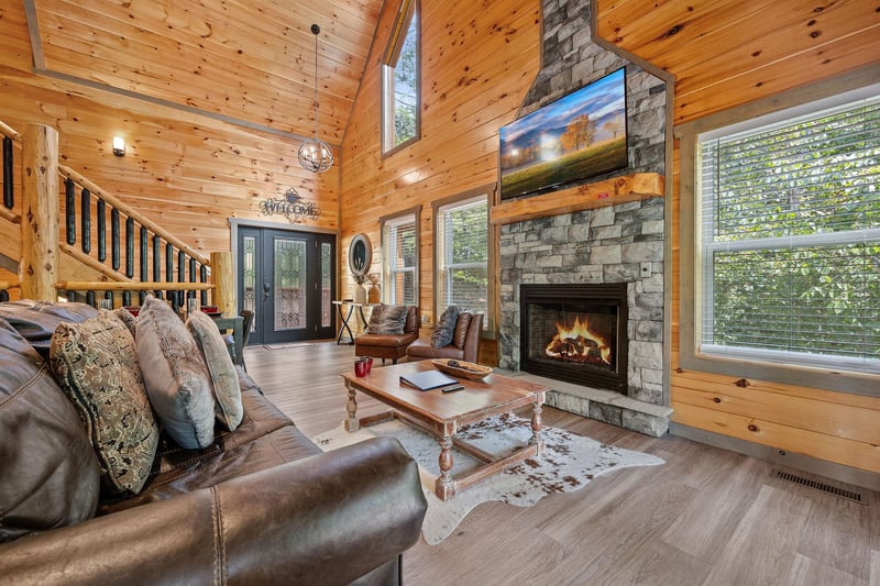 fireplace, TV and natural lighting