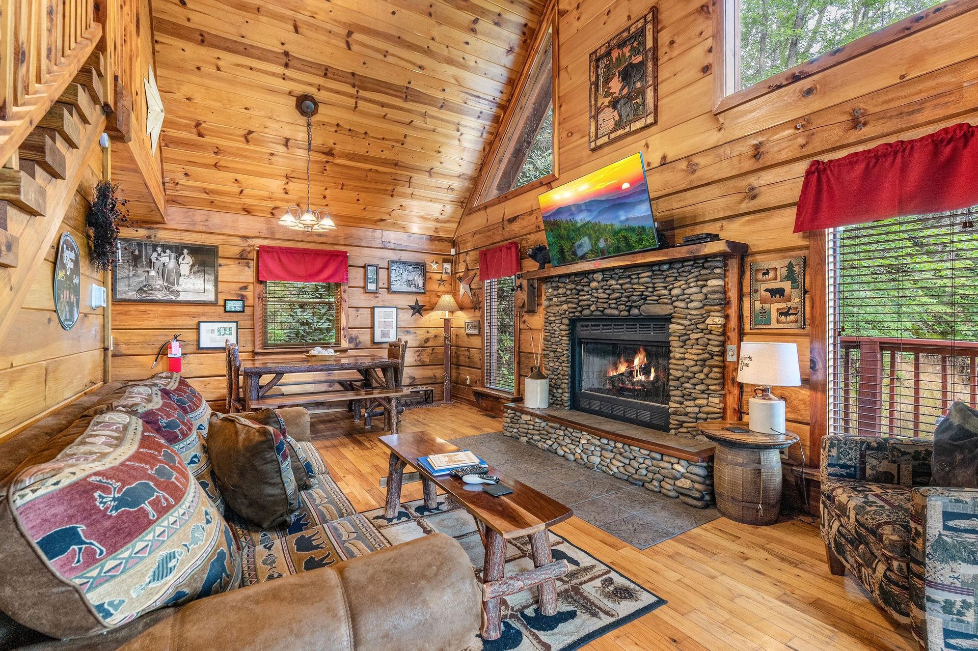 Living room with stone fireplace