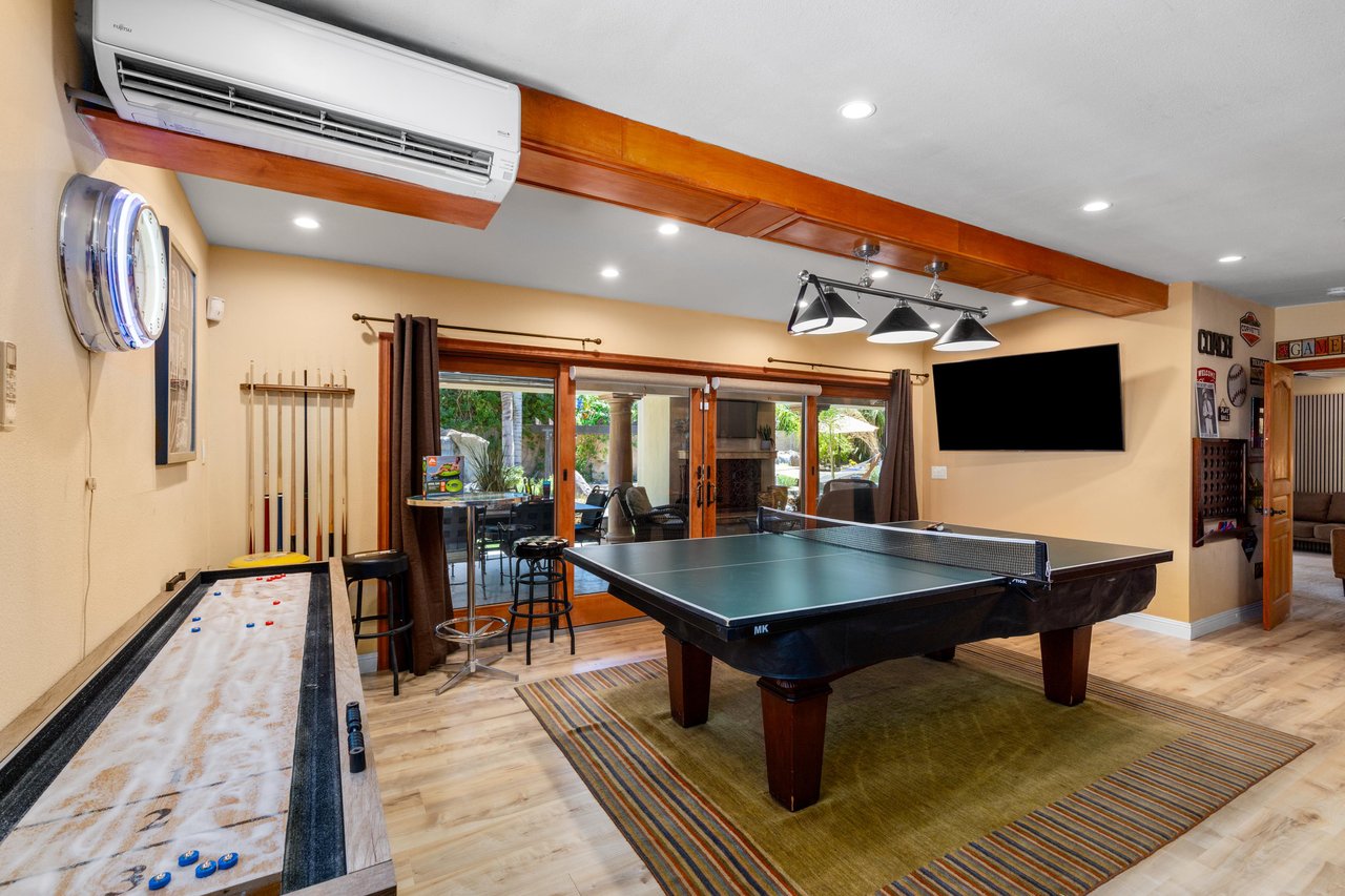 Shuffleboard, and dual ping pongpool table.