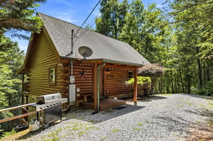Charming log cabin nestled in wooded surroundings with gravel parking and outdoor grill for your mountain getaway.