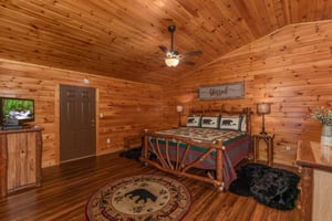 Queen size log bed, dressers, and a TV