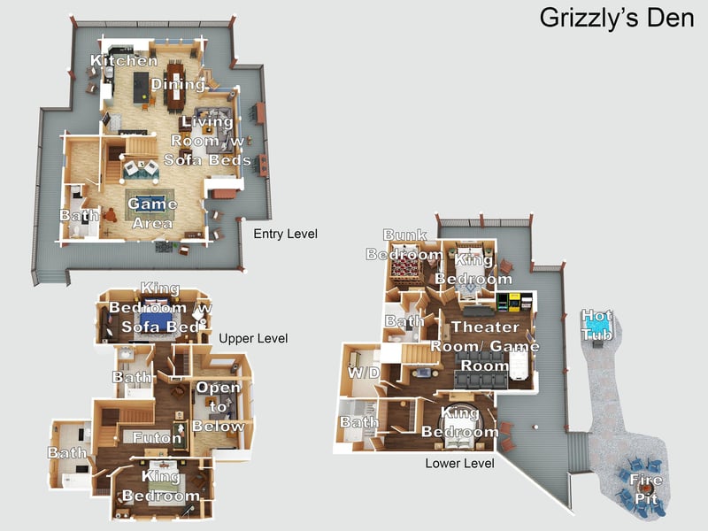 Threelevel floor plan showcasing the expansive layout of Grizzlys Den—multiple bedrooms with king beds, game areas, a hot tub, and a fire pit outside.