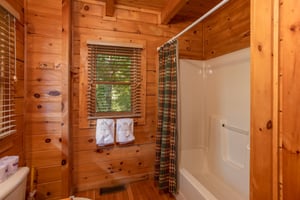 Bathroom with a tub and shower at Dreams Do Come True, a 1bedroom cabin rental located in Pigeon Forge