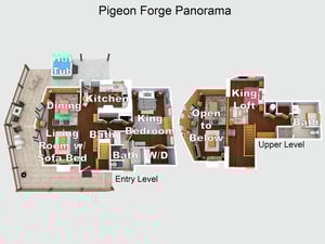Detailed floor plan of Pigeon Forge Panorama showing spacious layout with hot tub, multiple bedrooms, and open living areas.