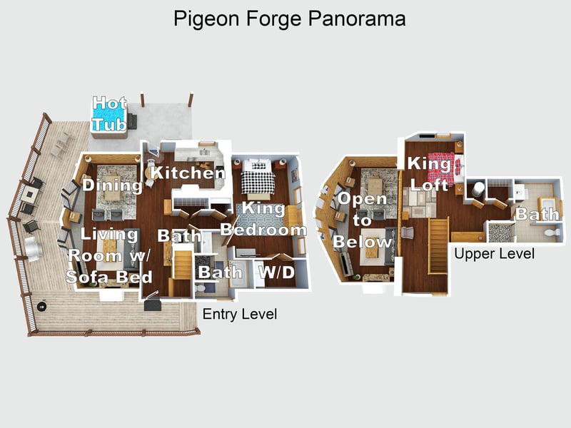 Detailed floor plan of Pigeon Forge Panorama showing spacious layout with hot tub, multiple bedrooms, and open living areas.