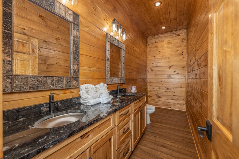Half bath with long vanity w 1 sink