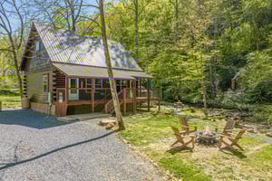 Front of Tridents Creek cabin with firepit area