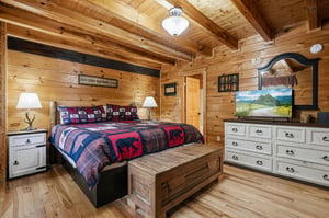 Rest easy in your rustic cabin bedroom, where exposed beams and cozy lodgestyle décor create the perfect mountain retreat ambiance.