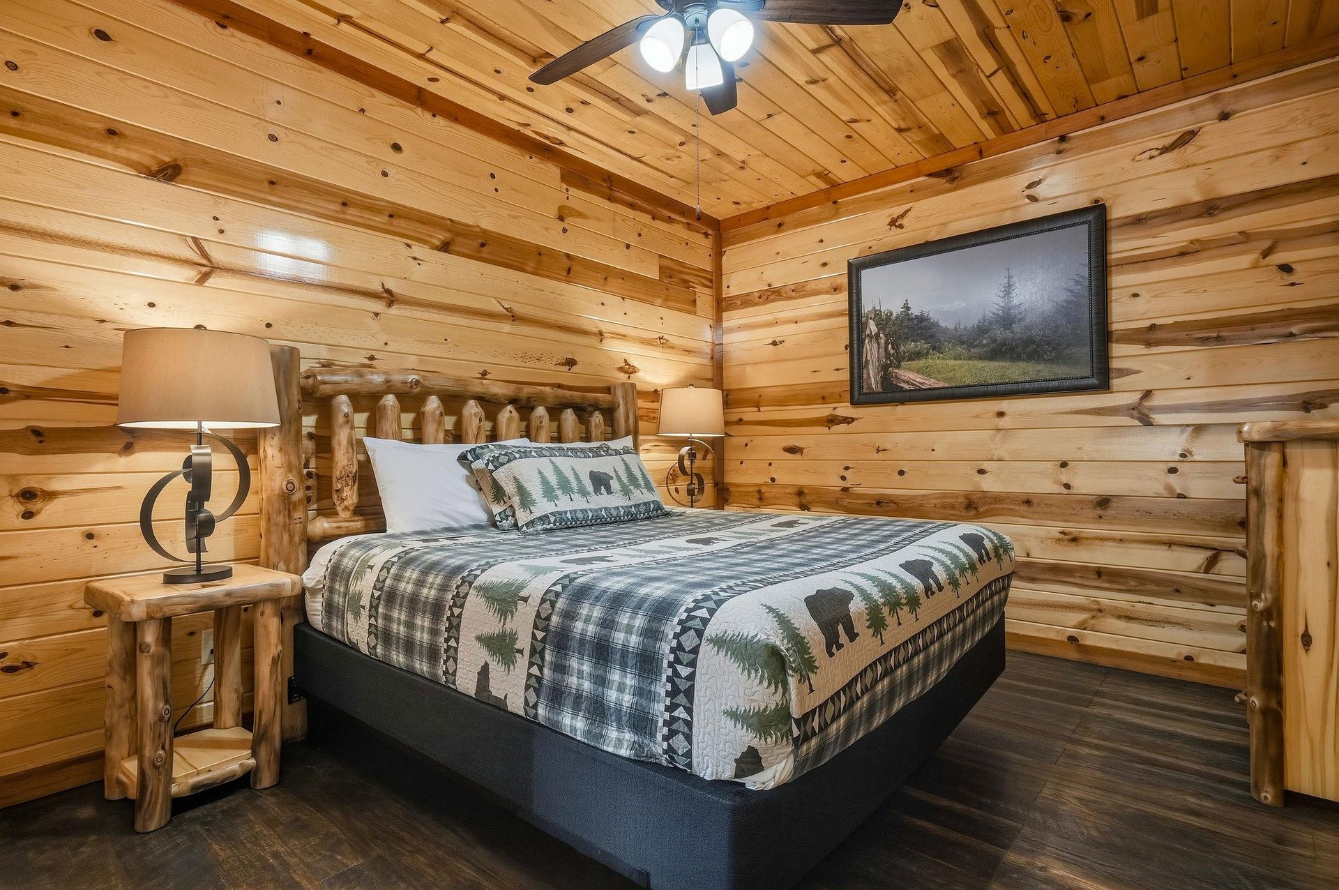 Cozy log cabin bedroom where rustic charm meets comfort  your mountain retreat awaits with handcrafted furnishings.