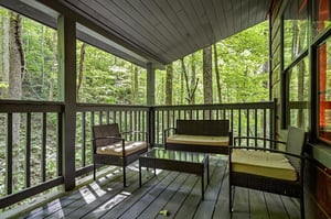 Step onto your private covered porch and sink into comfortable wicker seating surrounded by peaceful forest views—your perfect spot to sip morning coffee or unwind after a day of adventure.