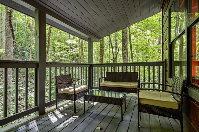 Step onto your private covered porch and sink into comfortable wicker seating surrounded by peaceful forest views—your perfect spot to sip morning coffee or unwind after a day of adventure.
