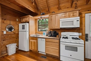 Your cozy cabin kitchen has everything you need fullsized appliances, granite countertops, and charming woodpaneled walls that create a warm, rustic retreat.