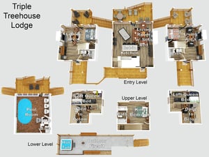 Explore your unique treehouse sanctuary with three levels of comfort, featuring bedrooms, living spaces, a pool room, and hot tub for an unforgettable retreat.