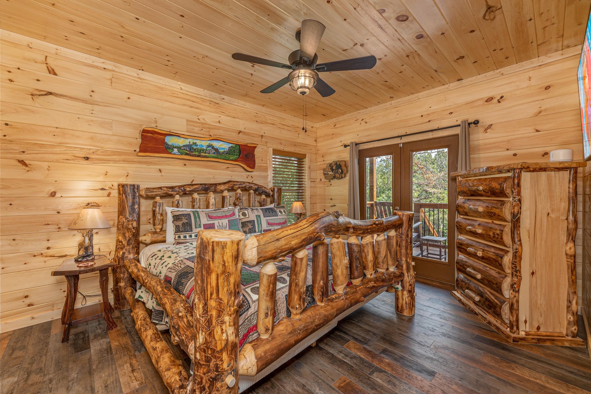 King size log bed with balcony