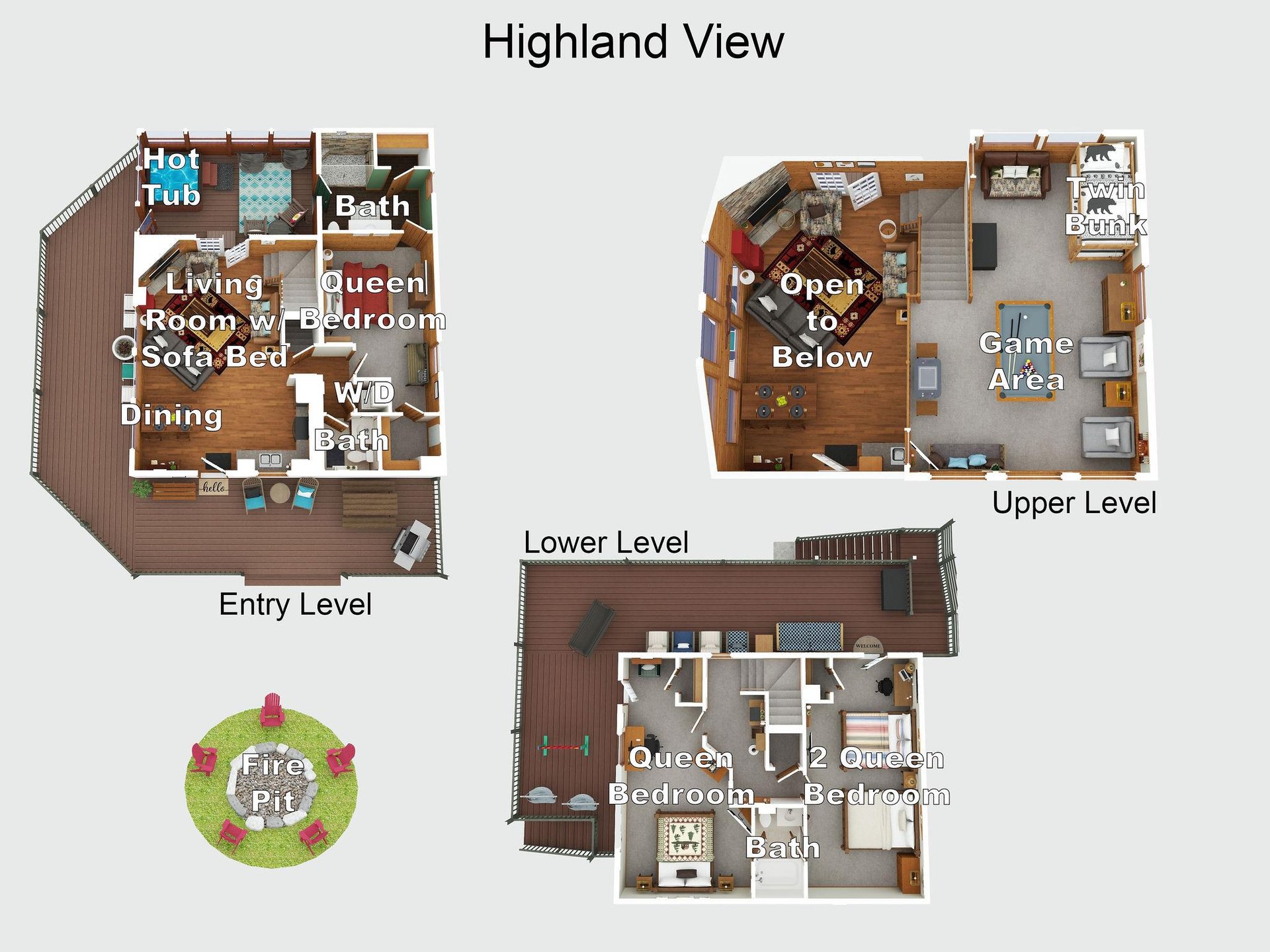 A detailed floor plan showing Highland Views threelevel layout with spacious living areas, multiple bedrooms, game room, hot tub, and outdoor fire pit.