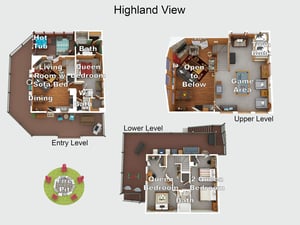 A detailed floor plan showing Highland Views threelevel layout with spacious living areas, multiple bedrooms, game room, hot tub, and outdoor fire pit.