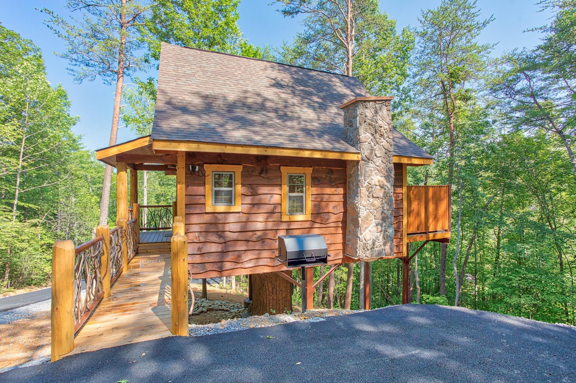 side of Out on a Limb cabin with grill