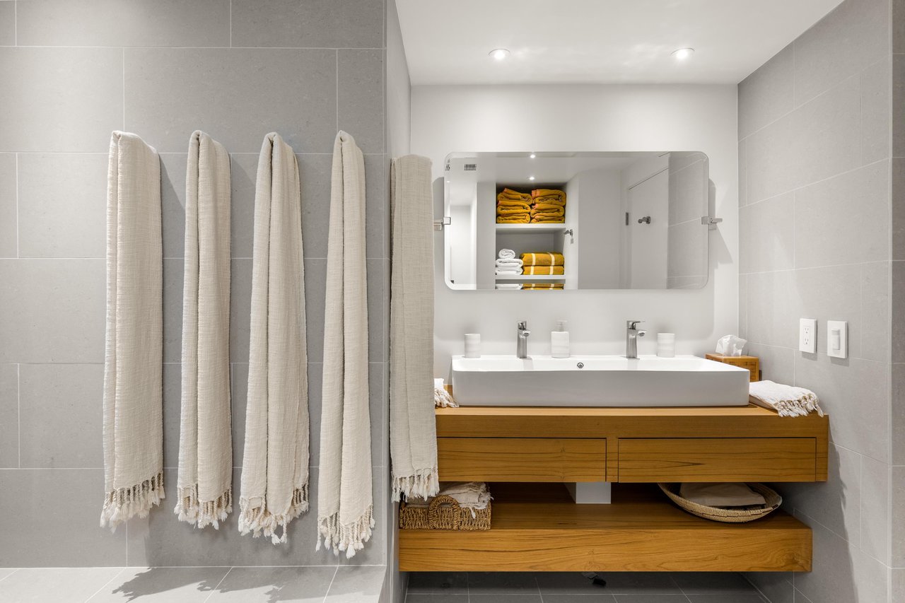 Primary bathroom with dual vanity sink