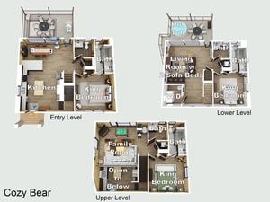 Explore every corner of your spacious threelevel retreat with this detailed floor plan of Cozy Bear.