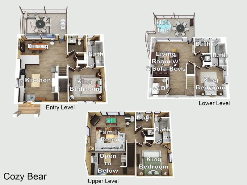 Explore every corner of your spacious threelevel retreat with this detailed floor plan of Cozy Bear.