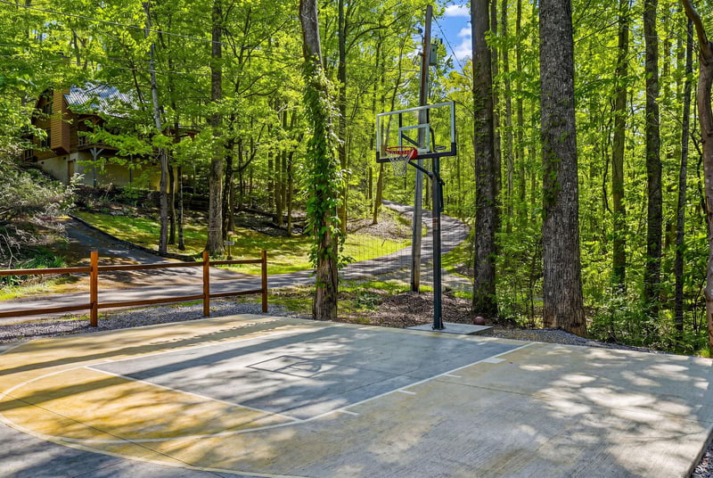 Shoot hoops on your private basketball court surrounded by towering trees and peaceful forest views.