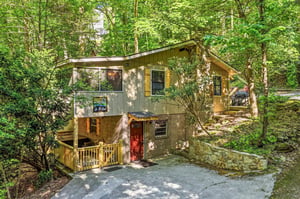 A charming woodland retreat nestled among towering trees offers a peaceful escape surrounded by nature.