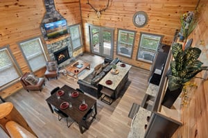 aerial view of living room and kitchen